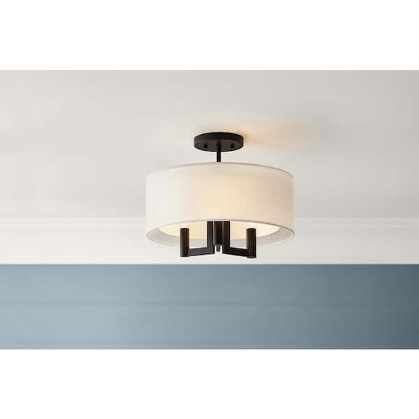 Home Decorators Collection Hiddenbrook 15 in. 3-Light Matte Black Semi-Flush Mount with White Fabric Shade