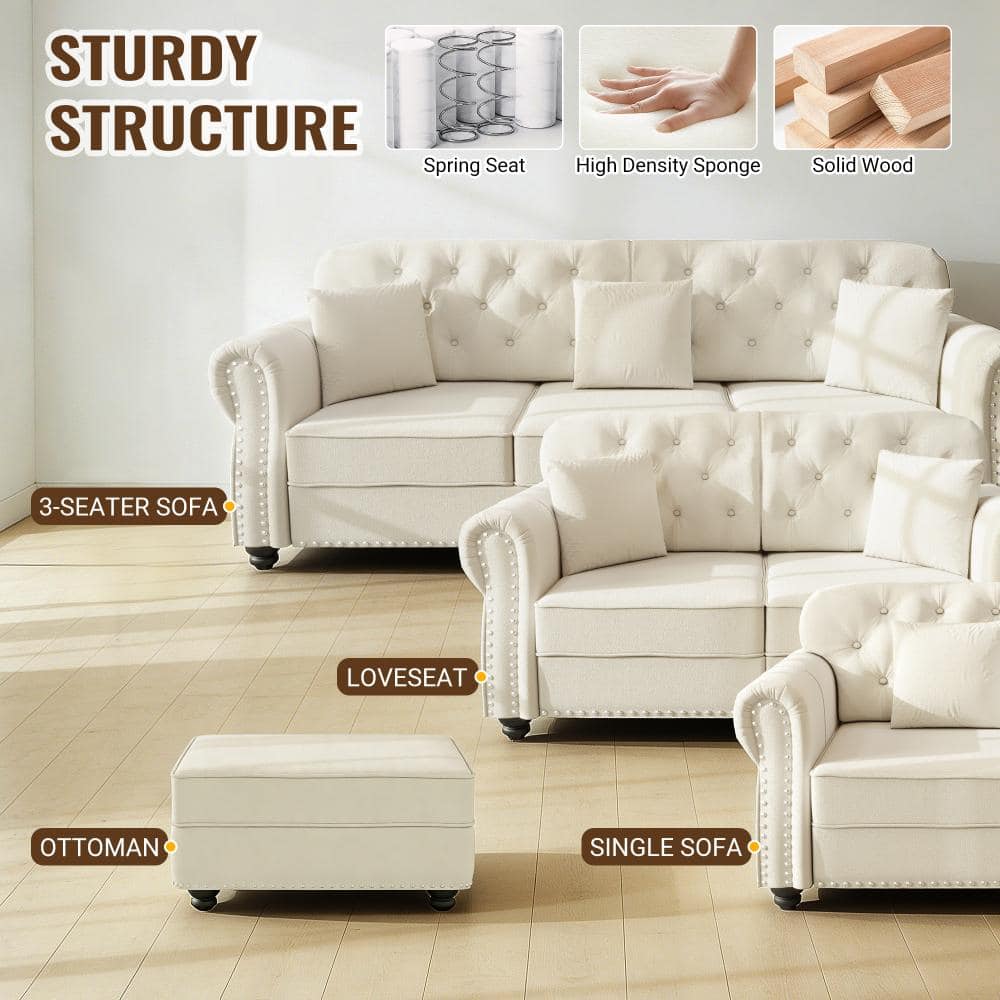Beige Velvet Upholstered Rectangle Ottoman