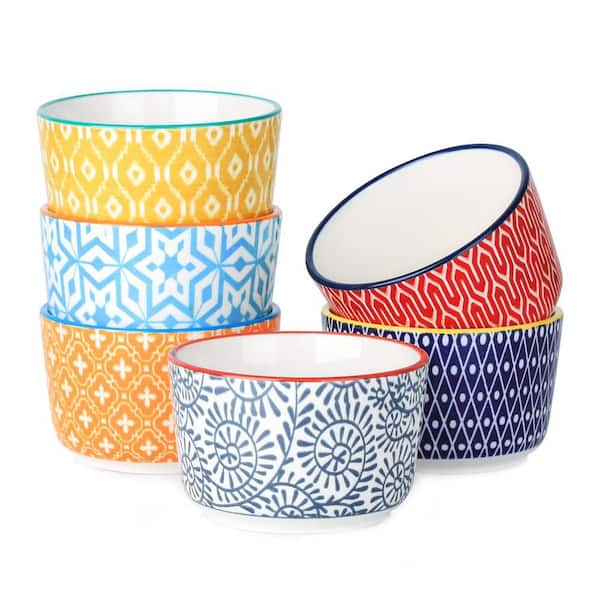 Assorted Color Ceramic Ramekins Portion Cup Lid Oven Safe for 4oz.Cups Souffle Custard Pudding Ice Cream Baking Set of 6