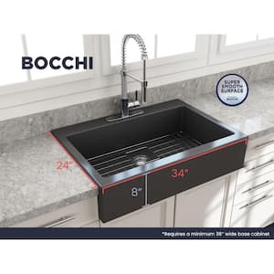 Nuova Matte Dark Gray Fireclay 34 in. Single Bowl Drop-In Apron Front Kitchen Sink with Protective Grid and Strainer