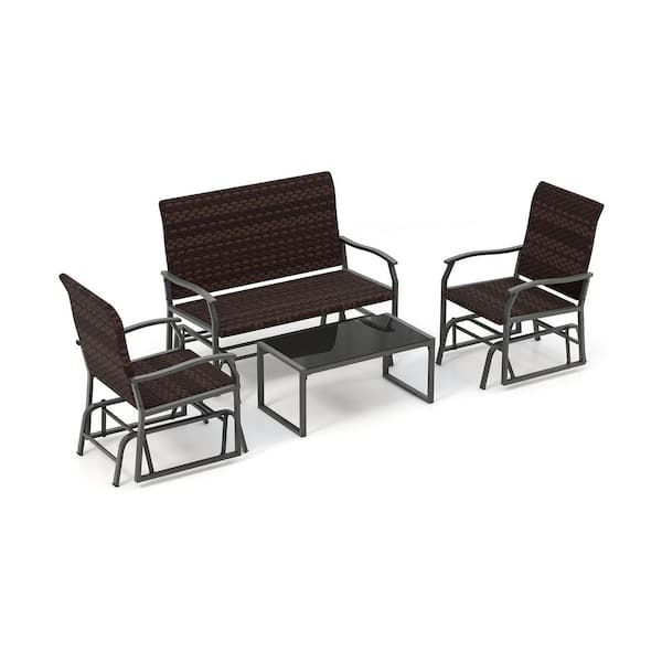 ANGELES HOME 4-Piece PE Rattan Wicker Patio Conversation Set Gliding Set with Tempered Glass Coffee Table-Brown