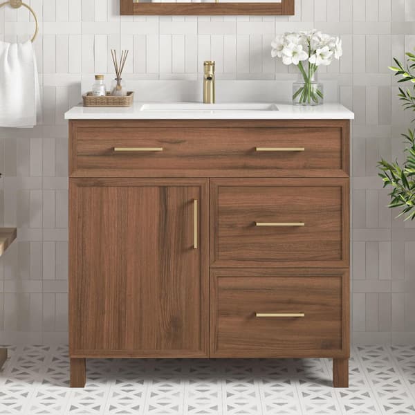 Bilston 36 in. Single Sink Spiced Walnut Bath Vanity with White Engineered Stone Top (Assembled)