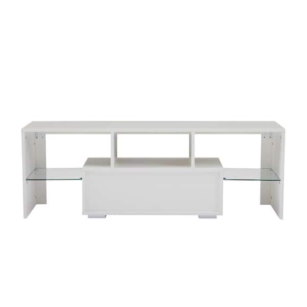 URTR 14 in. White Modern Wood TV Stand with LED Lights for Living Room, High Glossy Front TV Console, Easy to Assemble