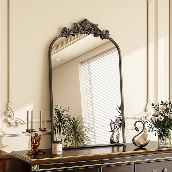 XRAMFY 24 in. W x 38 in. H Arched Black Aluminum Alloy Framed Decorative Wall Mirror