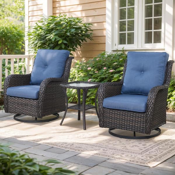3-Piece Patio Brown Wicker Outdoor Chat Sets with Blue Olefin Cushions and Matching Side Table