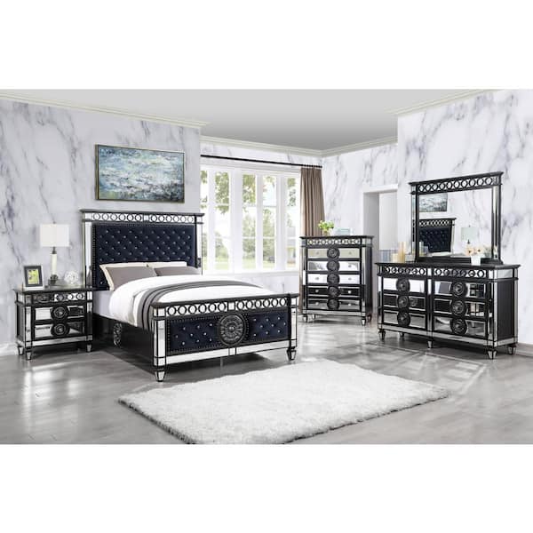 Acme Furniture Varian II Blue Wood Frame Eastern King Panel Bed with Button Tufted