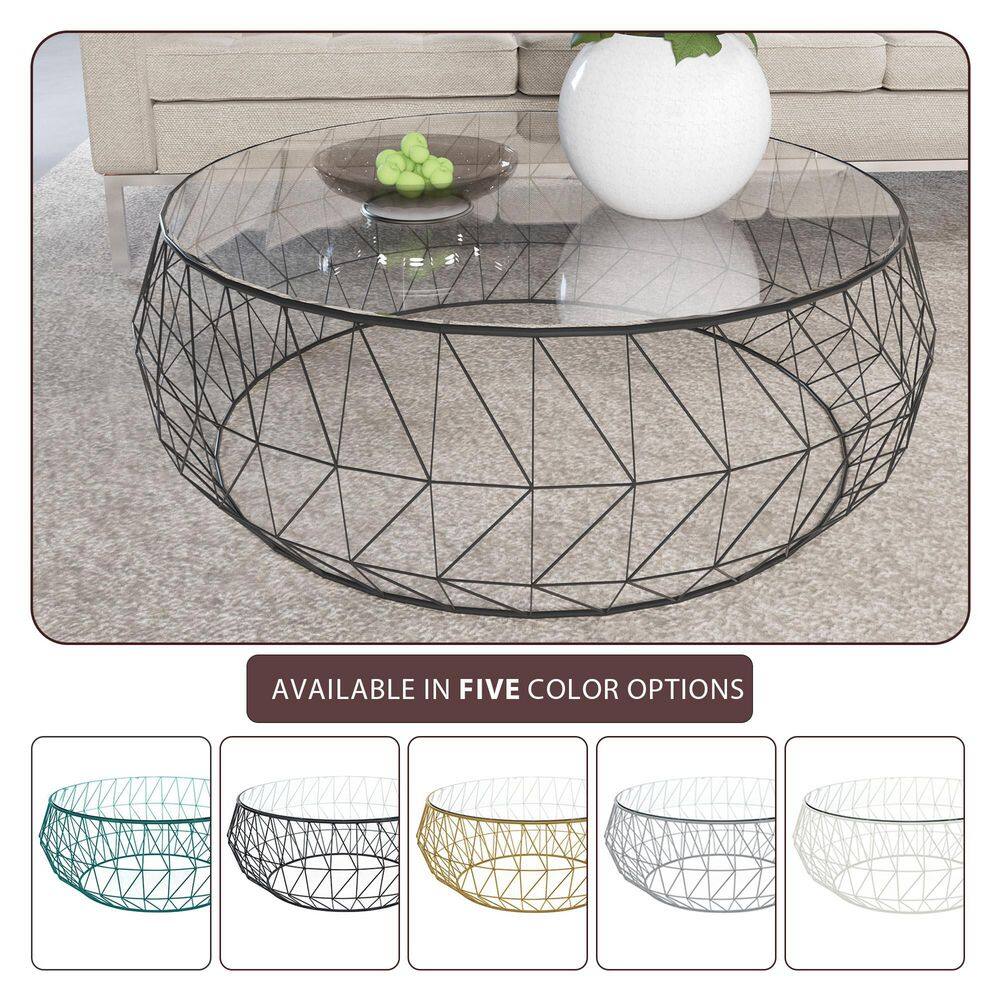 Malibu Modern 35" Round Coffee Table with Black Metal and Glass Top