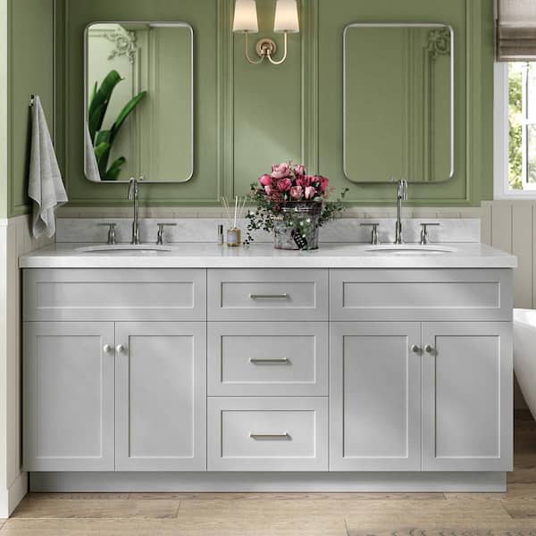 ARIEL Hamlet 72 in. Double Sink Freestanding Bathroom Vanity in Gray with Carrara White Marble Top