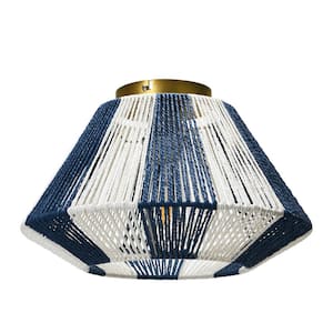 1-Light Navy and White Round Chandelier with Paper Rope Shade