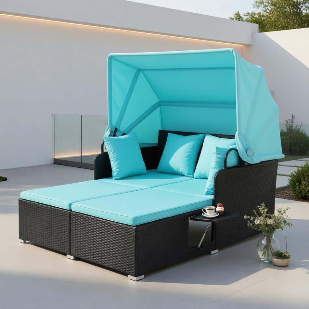 PE Wicker Patio Lounger, Retractable Canopy, Foldable Trays & Turquoise Cushions for Backyard price history on PriceWatchPro