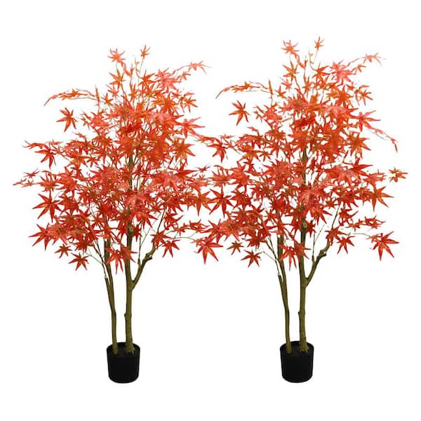 2PCs 5FT Artificial Maple Trees, Autumn Realistic Maple Tree Artificial Maple Fall Tree In Pot