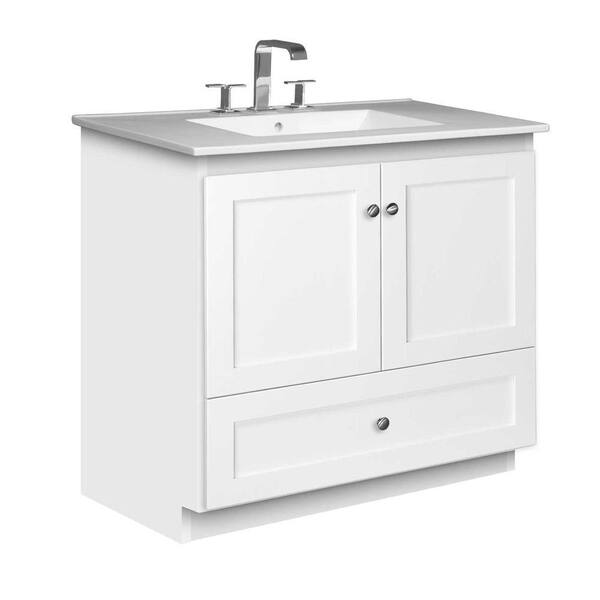 Simplicity by Strasser Shaker 37 in. W x 22 in. D x 35 in. H Vanity with No Side Drawers in Satin White with Ceramic Vanity Top in White