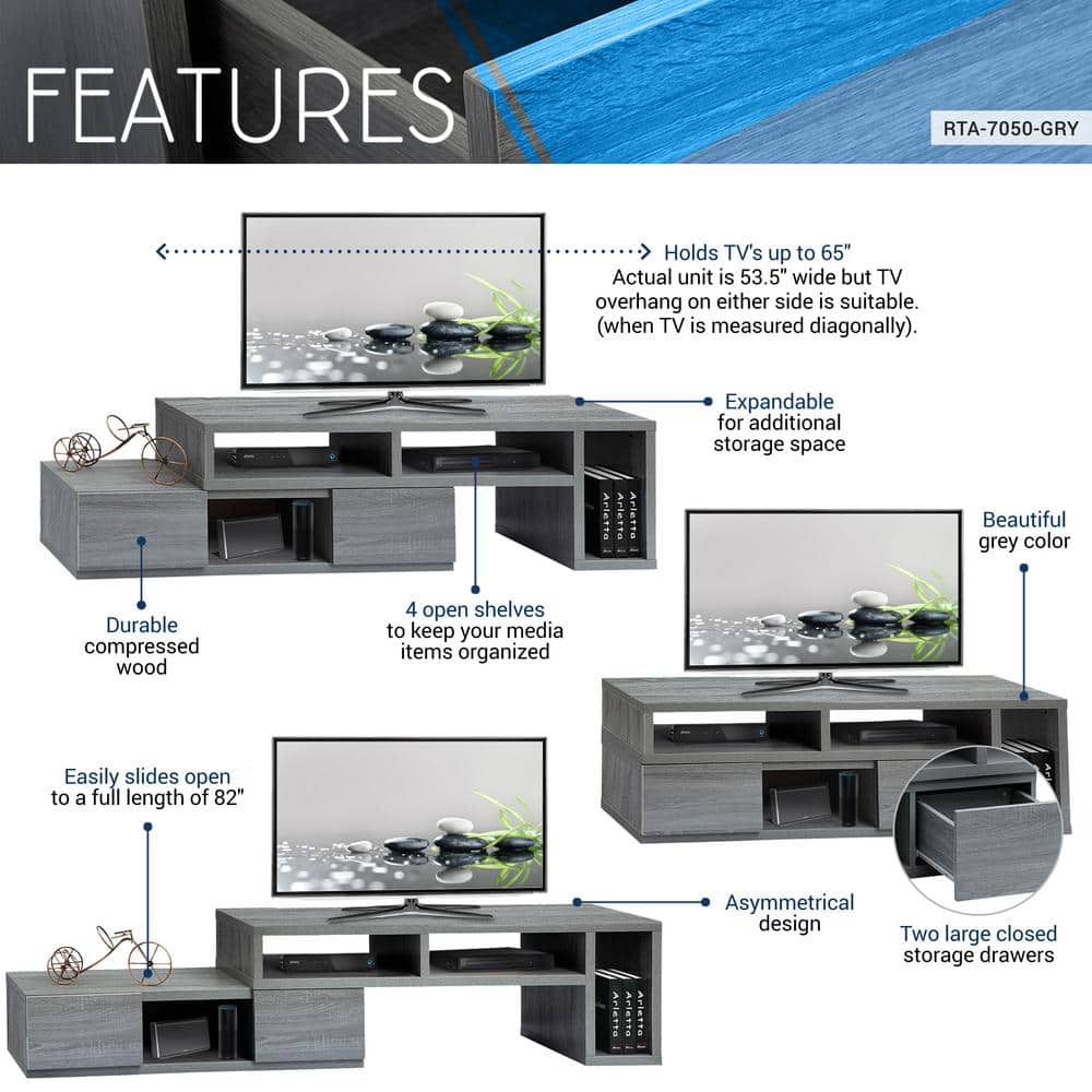 Gray MDF Expandable TV Stand with Shelves and Drawers