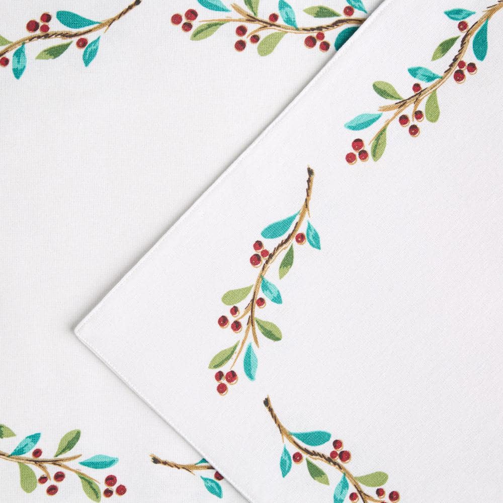 Holly Sprig Holiday Cotton Placemats Set of 4, White/Red/Green