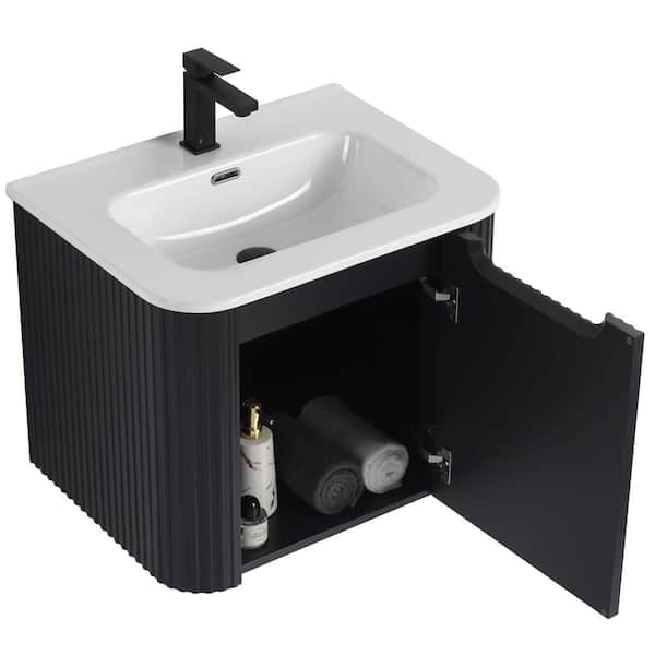 Caskvalley 24 in. Floating Bath Vanity in Carbon Black with White Ceramic Sink Top Assembled