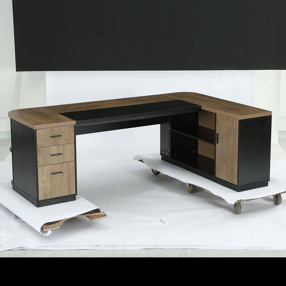 Capen 86.6 in. L Shaped Brown & Black Wood Executive Desk with Lateral File Cabinet, Computer Desk for Home Office