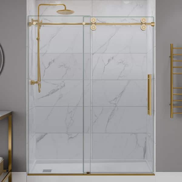 Ozean 56 to 60 in. W x 76 in. H Frameless Sliding Shower Door in Brushed Gold with Tsunami Guard Tempered Clear Glass