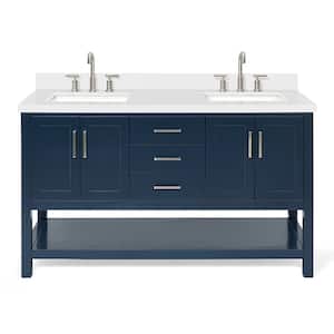 Magnolia 61 in. W x 22 in. D x 36 in. H Bath Vanity in Blue with Pure Quartz Vanity Top in White with White Basins