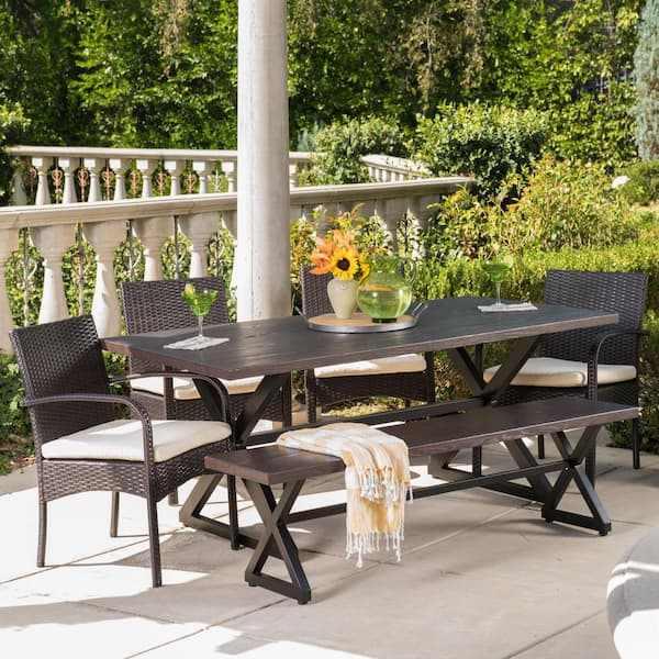 Noble House Palermo 29 in. Brown 6-Piece Metal Rectangular Outdoor Dining Set with Cream Cushions