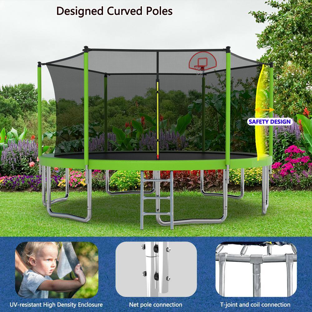 14 FT Green Outdoor Trampoline with Safety Enclosure Net