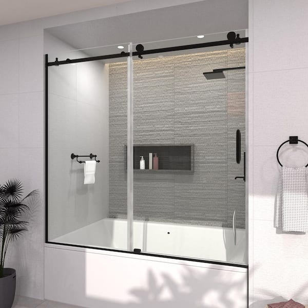 60 in. W x 60 in. H Sliding Semi Frameless Tub Door in Matte Black Finish with Clear Glass