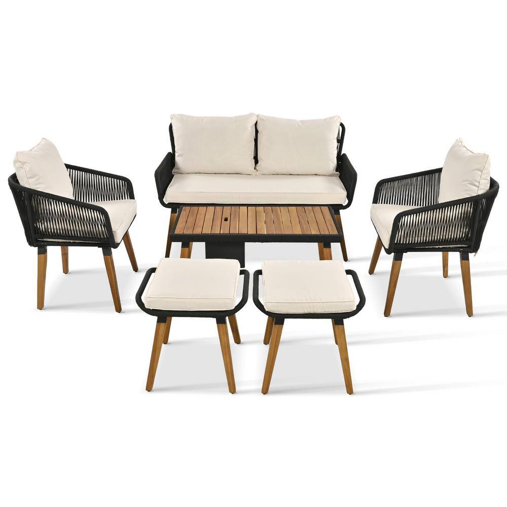 6-Piece Wood Patio Conversation Set with Wood Cool Bar Table Two Stools and Beige Cushions for Backyard price history on PriceWatchPro