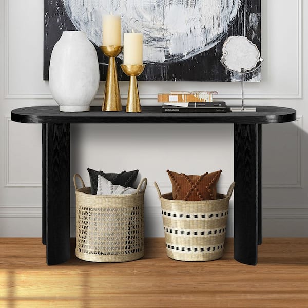 60 in. Black Oval MDF Console Table with Adjustable Curved Legs for Living Room Entryway