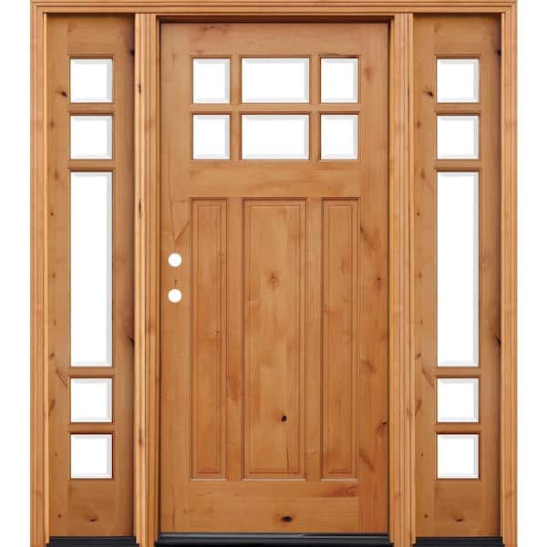Pacific Entries 70 in. x 80 in. Craftsman 6 Lite Stained Knotty Alder Wood Prehung Front Door w/ 6 in. Wall Series and 14 in. Sidelites