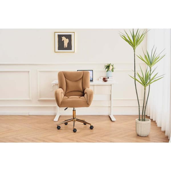Coffee Velvet Fabric 360 Swivel Home Office Chair With Gold Metal Base and Universal Wheels