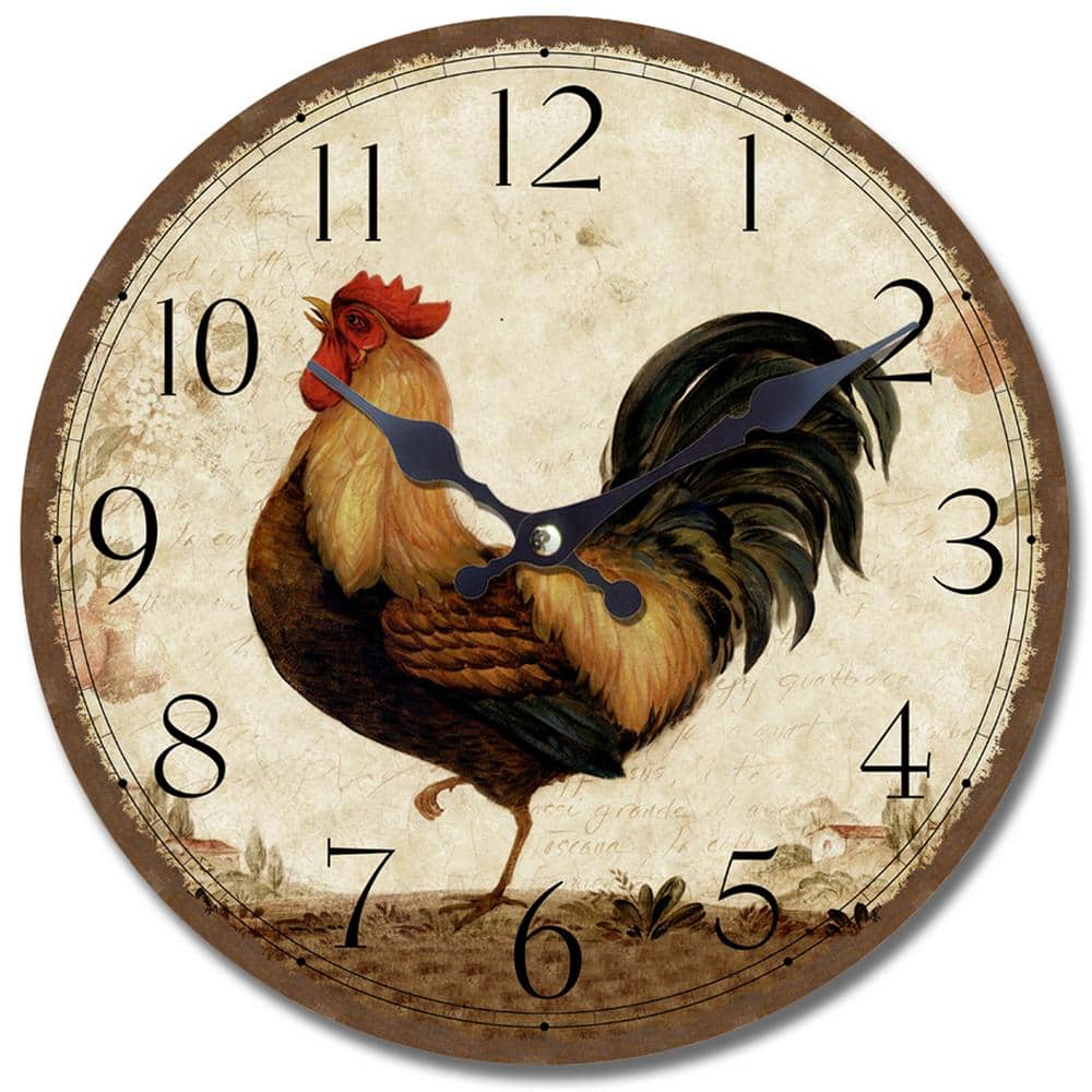 Circular Beige and Brown MDF Wall Clock with Rooster Print