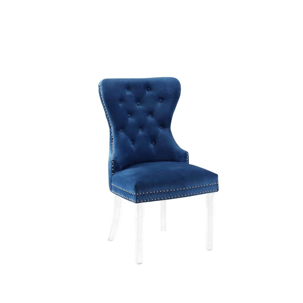Elegant Navy Blue Velvet Tufted Side Chair with Acrylic Legs