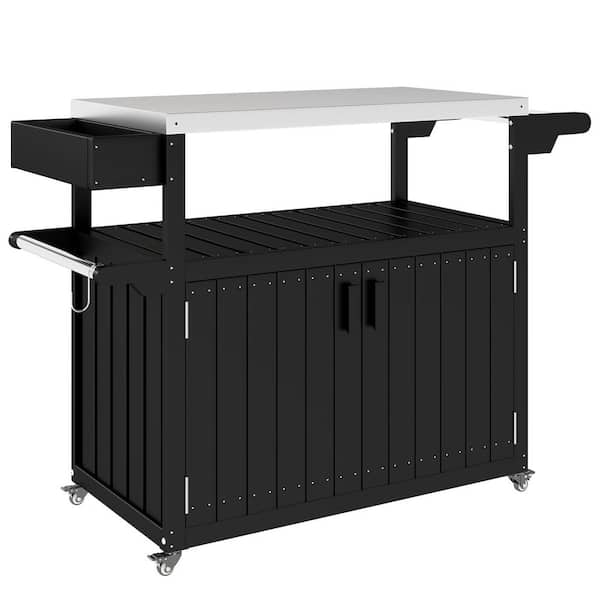 Stainless Steel Top Kitchen Island, Plastic Outdoor Bar Table, Outdoor Bar Cart with Storage Cabinet, Black