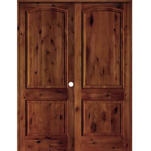 56 in. x 96 in. Rustic Knotty Alder 2-Panel Left Handed Red Chestnut Stain Wood Double Prehung Interior Door w/Arch-Top