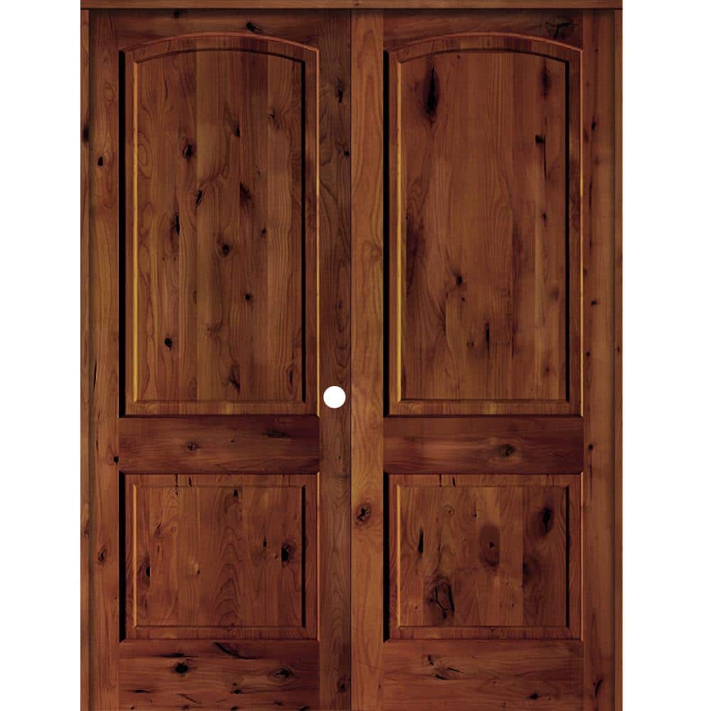 72 in. x 96 in. Rustic Knotty Alder 2-Panel Left Handed Red Chestnut Stain Wood Double Prehung Interior Door w/Arch-Top price history on PriceWatchPro