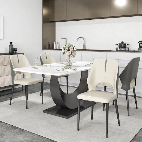 Set of 4 Modern Dining Chairs PU Leather Seat Curved Open Back with Black Iron Legs in Gray
