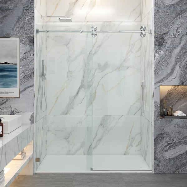 MCOCOD 60 in. W x 72 in. H Single Sliding Frameless Shower Door in Brushed Nickel with Smooth Sliding and 3/8 in. (10 mm) Glass