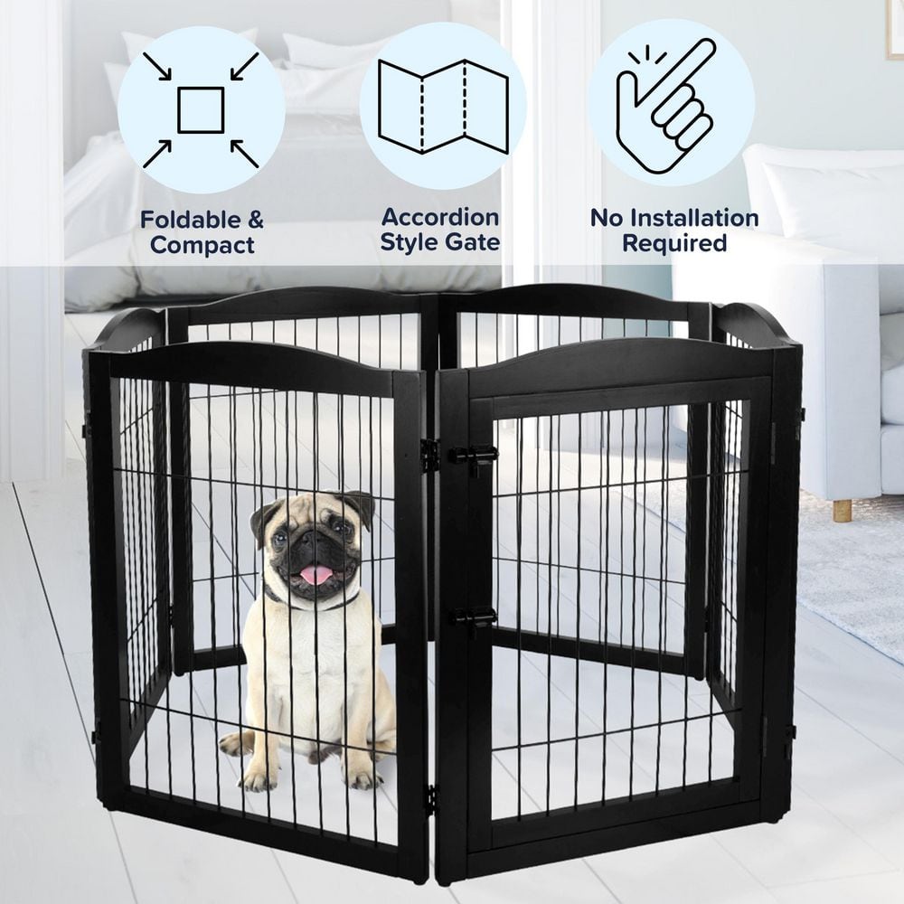 Black Solid Wood and Metal Freestanding Pet Gate