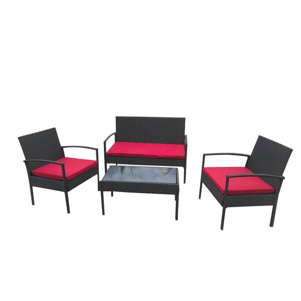 maocao hoom Black 4-Piece Wicker Patio Conversation Set with Red Cushions