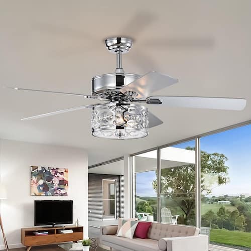 52 in. Indoor Chrome Modern Industrial Ceiling Fan with Light and Remote Control, 3xE12, No Bulb Lighting