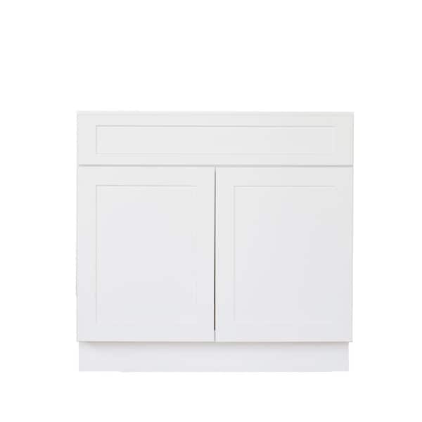 Bremen Cabinetry Bremen Ready to Assemble Shaker 27 in. W x 21 in. D x 34.5 in. H Vanity Cabinet with Two Doors Satin White