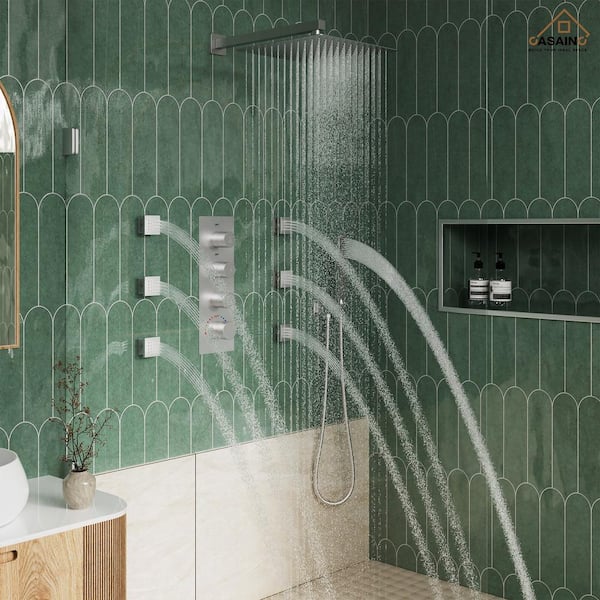 Luxury 3-Spray 12 in. 2.5 GPM Wall Mount Dual Shower Head and Handheld Shower Head with 6 Body Jets in Brushed Nickel