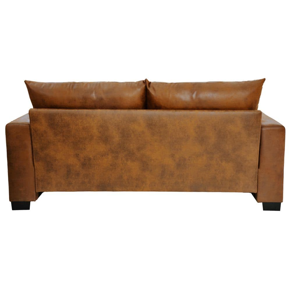 Rear view of a light brown fabric upholstered sofa with square arms.