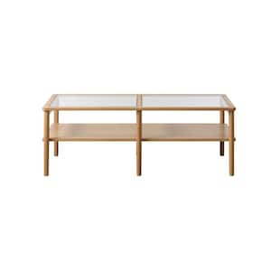 47 in. Natural Oak Rectangle Glass Top Coffee Table with Lower Shelf