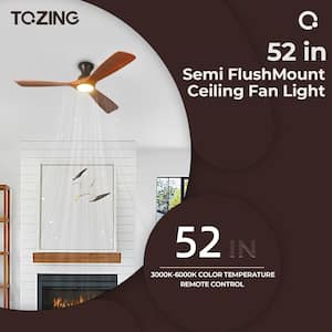 52 in. Smart Indoor Wood Low Profile Standard Flush Mount Ceiling Fan Light with LED with Remote Control Thin Lampshade