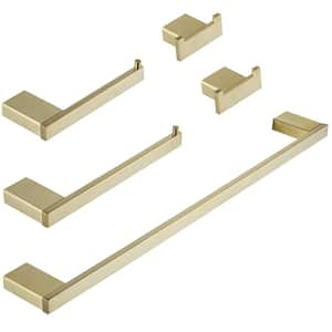 5-Piece Bath Hardware Set with Towel Bar Towel Hook Toilet Paper Holder in Brushed Gold