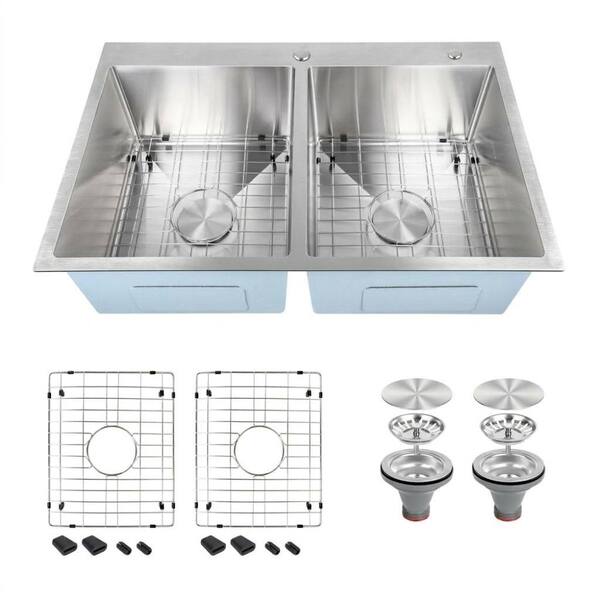 33 in. Drop-In 50/50 Double Bowl 16-Gauge Brushed Stainless Steel Kitchen Sink with Grid and Drain
