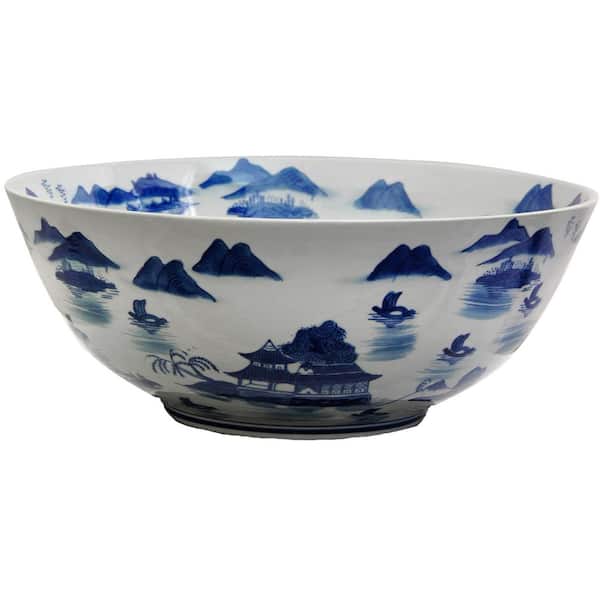14 in. Porcelain Decorative Bowl in Blue