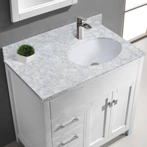 36 in. W x 22 in. D Carrara Marble White Round Right Single Sink Bath Vanity Top in Carrara White Backsplash Included