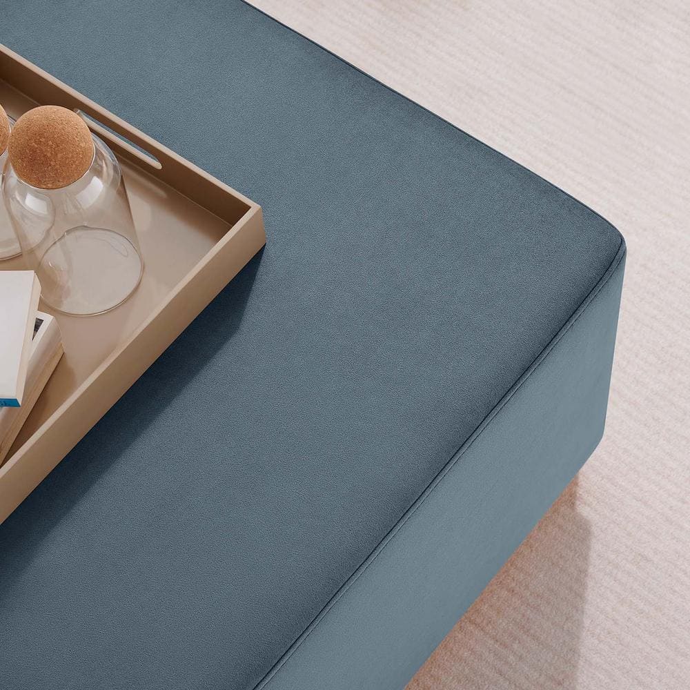 Cadet Blue Velvet Upholstered Square Ottoman with Rubberwood Base