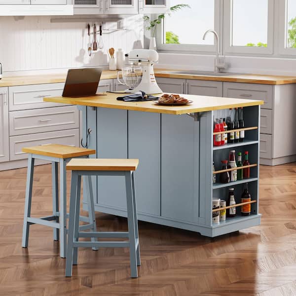 Gray Wood 53 in. Kitchen Island with Drawers, 2 Bar Stools,Power Outlet,Door Internal Storage Rack,Kitchen Storage Cart